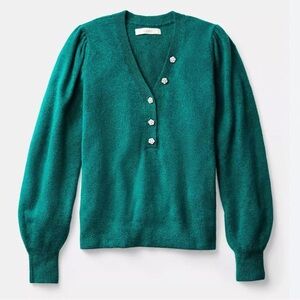 LOFT Green V-Neck Sweater with Button Details